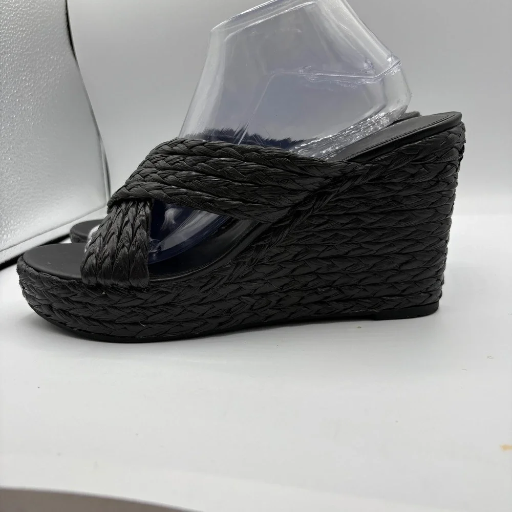 Marc Fisher Flynn Black Woven‎ Raffia Platform Wedge Sandals Womens Size 11M